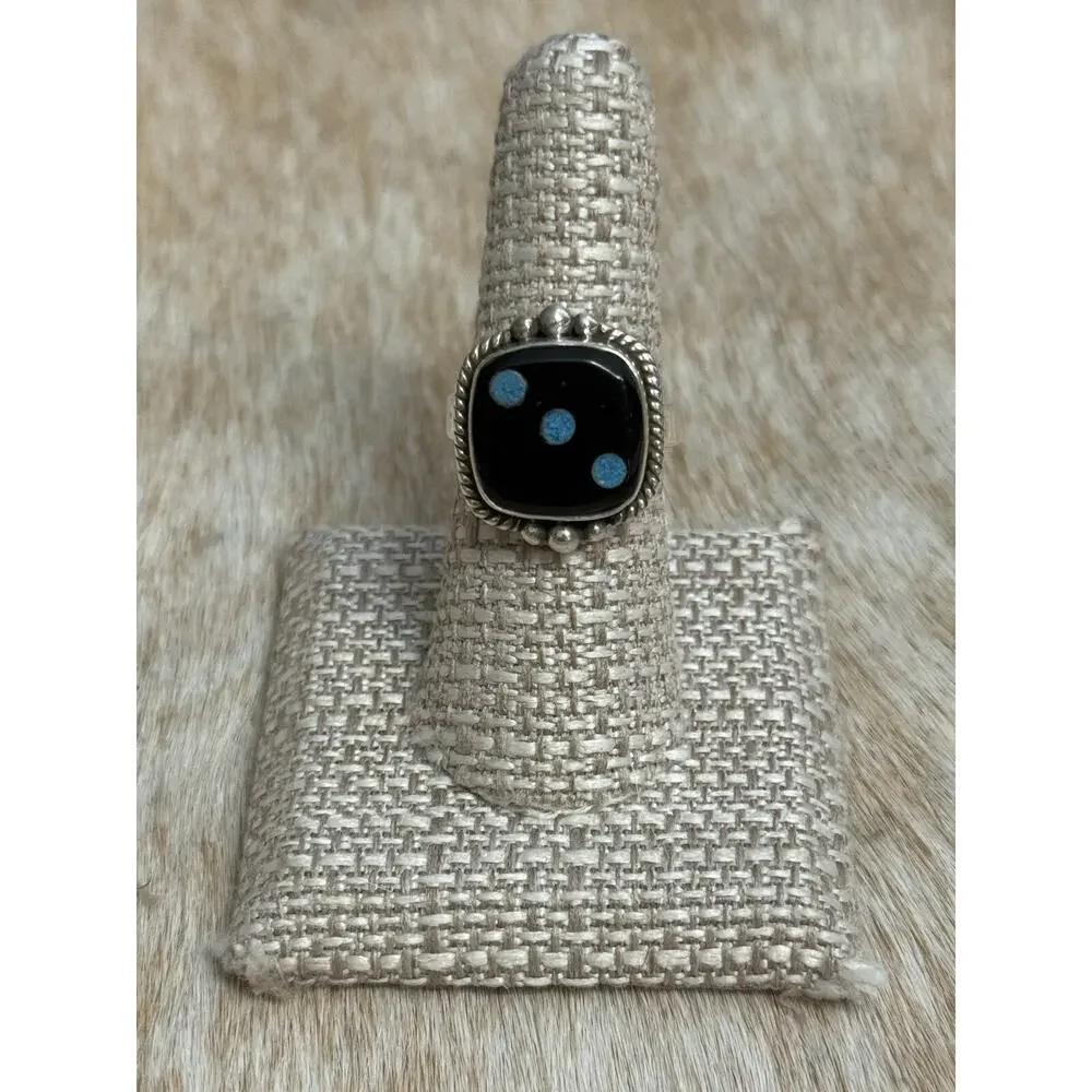 Native American SW Sterling Silver Carved Onyx Black Opal Dice Ring 3 Gamble